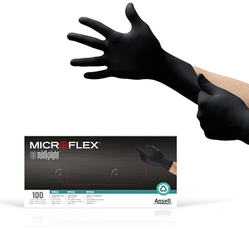 Microflex MK-296 Black Disposable Nitrile Gloves, Latex-Free, Powder-Free Glove for Mechanics, Automotive, Cleaning or Tattoo Applications, Medical/Exam Grade, Size Medium, Box of 100 Units
