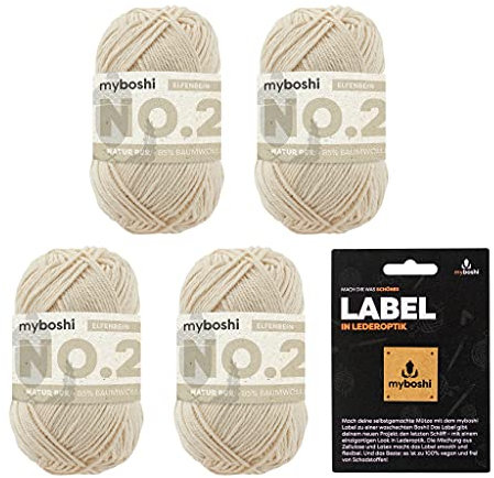 myboshi No.2 inkl. Label, Baumwolle zum Häkeln und Stricken, für Baby und Amigurumi, vegan, 60 Grad waschbar, 50g, Ll 100m Beige (Elfenbein), 4 Knäuel