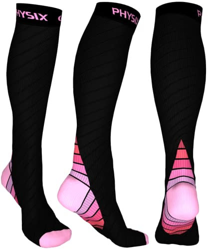 Physix Gear Sport Kompressionsstrümpfe Damen & Herren Stützstrümpfe (20-30mmHg) für Wassereinlagerungen, Flugreisen & Sport Kompressionssocken Langlebige Laufsocken Compression Socks PINK S/M