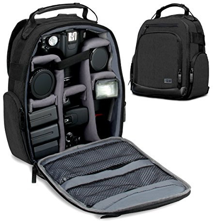 USA Gear Portable Camera Backpack for DSLR with Customizable Accessory Dividers, Weather Resistant Bottom and Comfortable Back Support - Compatible with Canon, Nikon, Sony, Fujifilm, and More (Black)