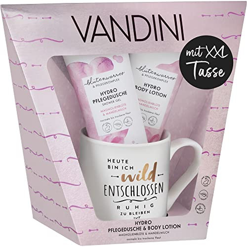 VANDINI Geschenkset mit XXL Tasse - Hydro Pflege Duschgel & Body Lotion für Frauen mit normaler bis trockener Haut - Shower Gel & Bodylotion Beauty Set - Wellness Set, Pflegeset Damen, Körperpflege