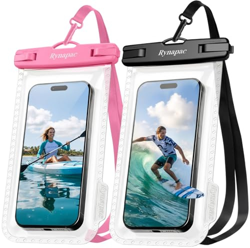 Rynapac wasserdichte Handyhülle IPX8 2 Stück, bis zu 8 Zoll, Schwarz+Rosa | Empfindlicher Touch & Unterwasserfotografie, Unterwasser Handyhülle für iPhone 17 16 15 Pro Max, Strand Schnorcheln Schwimmen