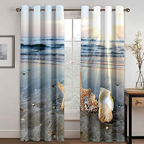 Lot de 2 Rideau Thermique Isolant Anti Froid - Chambre pour Adulte et Enfant, 3D Coquillages de Plage d'Art Motif à Oeillets, Occultants Salon Cuisine 200X160cm(LxH)