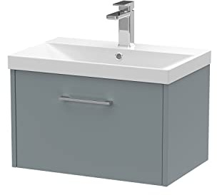 Hudson Reed JNU2322D Juno Modern Bathroom Wall Hung Single Drawer Vanity with Thin-Edge Ceramic Basin, 600mm, Matt Coastal Grey