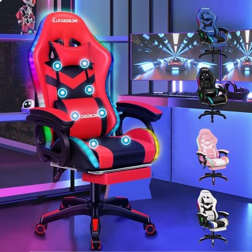 ELFORDSON Gaming Chair with RGB LED Light, 8-Point Massage Computer Office Chair with Lumbar Support Footrest 82cm High Back 150° Recliner, Red & Black