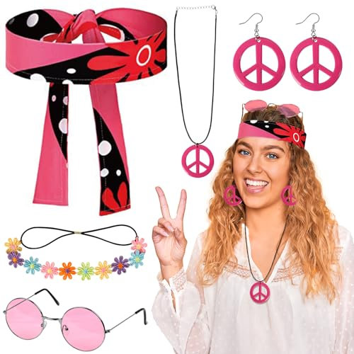 LOHAME 6 Stück Hippie Kostüm Set Damen Retro Verkleiden Rosa Hippie Accessoires Vintage 60er 70er Kostümzubehör mit Vintage Brille Friedenszeichen Halskette Buntes Stirnband für Frauen Karneval