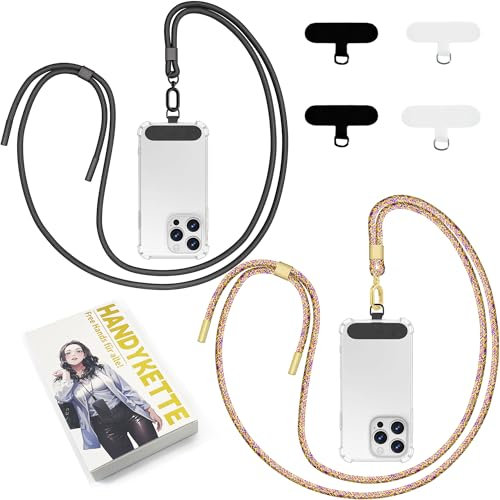 Qyoocom Handyband Universal für alle Smartphones,2 Stück Schlüsselband Kette zum Umhängen mit 4 Universelles Pad,Einstellbar und Abnehmbar. (Schwarz+Camouflage)