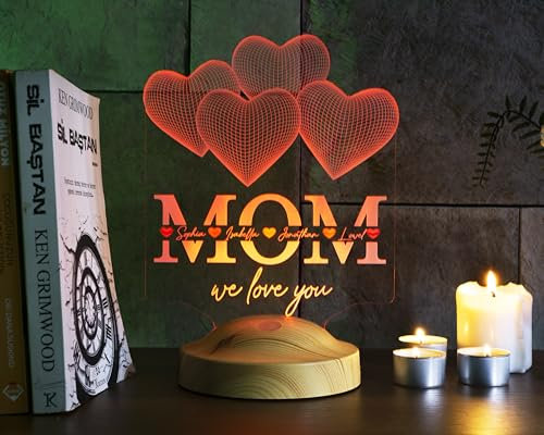 Geschenkelampe Persönliches Muttertagsgeschenk mit Fernbedienung Herz-förmiges Nachtleuchten Personalisierte Geschenke Mama Lampe Geschenkideen zum Muttertag (MOM 4 Herzen)