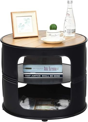 FANTSK Industrie Couchtisch belastbar bis 50 kg, runder Beistelltisch aus Holz & Metall mit 3-stufigem Sofatisch zum Essen, Schwarz + Natur