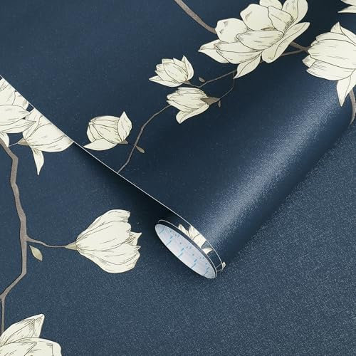 Fiula Selbstklebende Tapete Klebefolie Möbel Blumen 44CMx10M Möbelfolie Selbstklebend Wasserdicht DIY Blumentapete Vinyl Wrap Dekorfolie Wohnzimmer Schlafzimmer Marineblau Beige Vintage Wallpaper