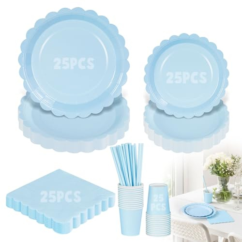Otauoaea 125 Stück Partygeschirr Set für 25 Gäste, Pappteller Kindergeburtstag Set Enthält Pappteller, Becher, Servietten und Papierstrohhalme für Geburtstag Hochzeiten Babypartys(Blau)