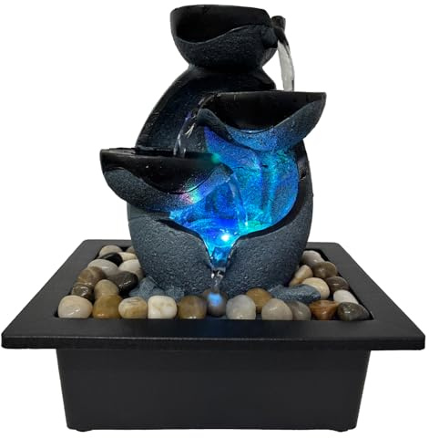 Fuente de agua de mesa de interior, fuente de meditación de resina con luz LED de color, función cascada de interior, para decoración de oficina en casa