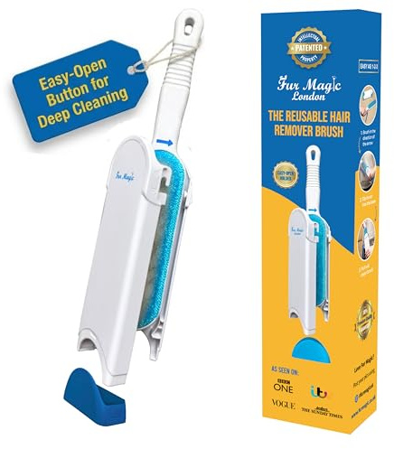 Fur Magic Pet Hair Remover Brush, Easy Open Self-Cleaning Base, Dogs & Cats | White, reusable, double-sided, removes lint and fur from clothes, carpets, sofas and stairs, furniture, upholstery, stairs