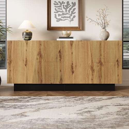 ModernLuxe Sideboard 160 cm – Aufbewahrungsschrank mit großem Stauraum, verstellbarem Einlegeboden, geometrisches Design, Wohnzimmer, Esszimmer & Flur Kommode Schwarz + Holzfarbe