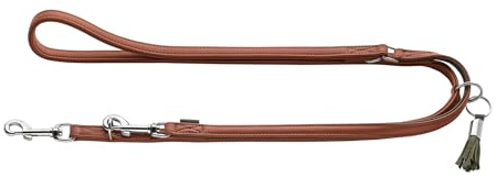 HUNTER Verstellbare Hundeführleine Portofino aus Premiumleder, 3-Fach verstellbar, weich & geschmeidig, zum Umhängen geeignet, Made in Germany, Farbe: Cognac/Oliv, Größe: 15/200