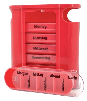 TIGA-MED Medikamentendispenser Premium, Wochendispenser 7 Tage, 7 Schiebefächer mit 4 Kammern pro Tag (morgens/mittags/abends/nachts), Schiebedeckel, 5 Farben (Rot)