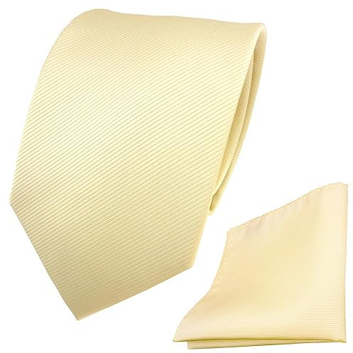 TigerTie Designer Krawatte + Einstecktuch elfenbein champagner hellbeige Uni Rips - Binder Tuch