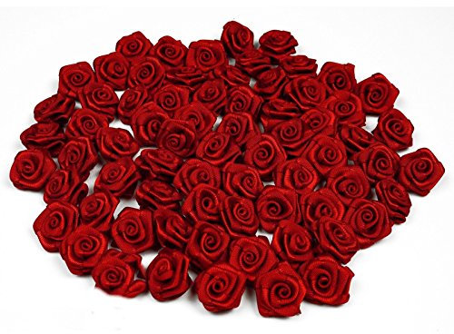 Rosen 15 mm x 100 Stück Satinrosen Aufnäher Deko Blumen Röschen zum Basteln Haarschmuck kleine Rosenköpfe Farbe: rot 250