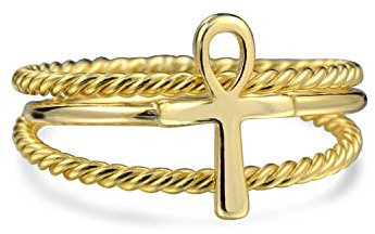 Bling Jewelry Religiöser Stapelbarer Minimalistischer 14K Gold Vergoldet .925 Sterlingsilber Ägyptisches Ankh Kreuz Ring Set 1Mm Enhancer Cable Band