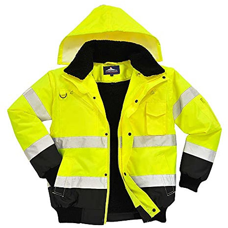 Portwest C465 Hi-Vis 3-in-1 Waterproof Contrast Hooded Bomber Jacket with Pockets - Reflective Outdoor Safety Security Workwear Coat, Yellow/Black, 3XL