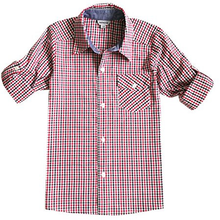 Bienzoe Big Boy 's Cotton Check Roll Up Sleeve Button Down Sports Shirts, Red, 11-12 Years