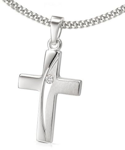 CLEVER SCHMUCK Kreuzkette Silber mit Stein 22 mm elegant mit Zirkonia + Panzerkette 40 cm Sterling Silber 925 im Schmucketui creme