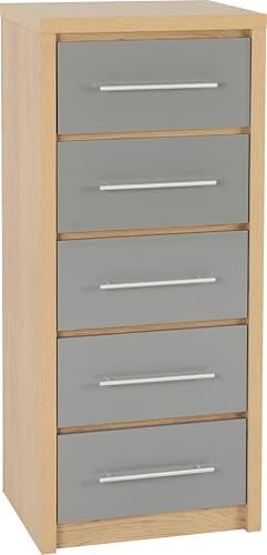 Seconique Seville 5 Drawer Narrow Chest in Grey Gloss/Light Oak