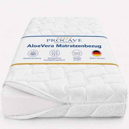 PROCAVE AloeVera Matratzenbezug versteppt, mit 4-Seiten Reißverschluss und 4 Handgriffen, 100% aus Deutschland in 90x220 cm für Matratzen-Höhe 18cm