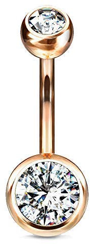 viva-adorno 1 Pièce Piercing de Nombril Banane Titan G23 Bananabell Double Cristal Boules Zircon Z323 - Or Rose/Cristal Clair / 1,6 X 10 X 5 + 8mm