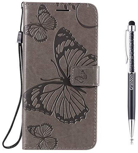 Grandoin Kompatible mit LG K50S Hülle, Handyhülle im Brieftasche-Stil Handytasche PU Leder Flip Cover Schmetterling Muster Design Premium Book Case Schutzhülle Etui Case (Grau)