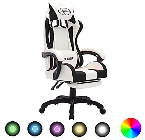 vidaXL Gaming Stuhl mit RGB LED-Leuchten Fußstütze Höhenverstellbar Chefsessel Bürostuhl Drehstuhl Schreibtischstuhl Sportsitz Racing Schwarz Weiß Kunstleder