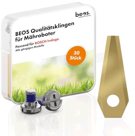BEOS® 30 Lame di Ricambio in Titanio Premium + Viti con Blocco di Sicurezza per Bosch Indego - Lame di Ricambio per Bosch Indego - Spessore Lama 1 mm per Il Vostro Tosaerba robotico