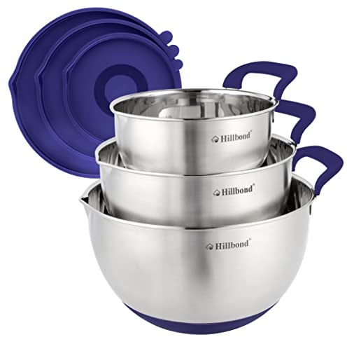 Hillbond Mixing Bowls with BPA Free Airtight Lids Stainless Steel Nesting Bowls with Pour Spout, Silicone Handle Non-Slip Bottoms for Baking, Dishwasher Safe Metal Bowls, 1.5, 3, 5 QT (Blue)