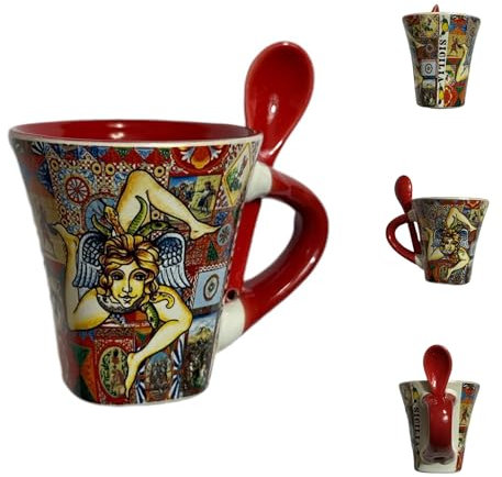 Tasse sICIlienne, tasse à café en céramique avec cuillère et tasse décorative, tasse souvenir, avec décoration impressions « SICILIE », 7CM-H, capacité 70 ml. Sicilia