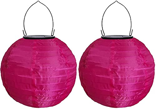 Yeehliny Solar Lampions Außen Wetterfest Solar LED Laterne Wasserdicht Nylon Garten Laterne Solarlaterne für außen Hängend Solarlampiongs Runder Lampenschirm Garten Deko Außendeko (30cm/2PCS/Pink#)