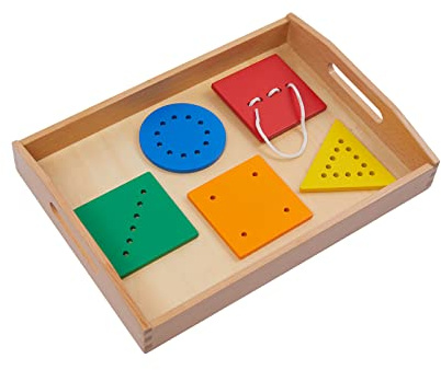 Adena Montessori Toys Threading Game Colorful Lacing Wooden Shapes with Tray for 1 2 3 Years Old Baby