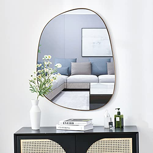 ELEHUME Asymmetrischer Spiegel für Wanddekoration, 68,6 x 88,9 cm, moderner Wandspiegel mit Messingrahmen, für Wohnzimmer, Badezimmer, Schlafzimmer, Eingangsbereich, ELE-STOU-0063G