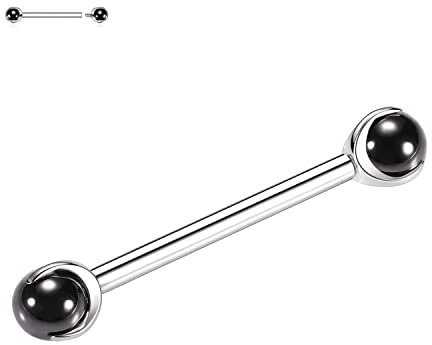 AROWRO 14G Nippelpiercings Schwarzes Katzenauge Stein Nippelringe Nippel Barbells Zunge mit Innengewinde G23 Titan Nippelring 12mm Silber Barbell Nippelringe Nippelpiercing