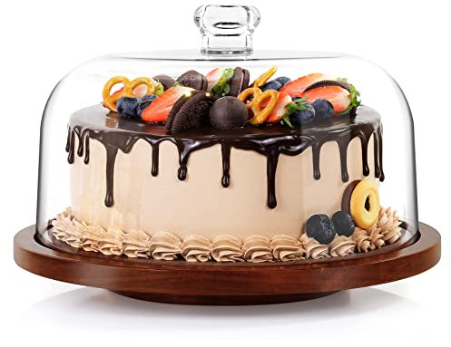 Cake Stand with Acrylic Dome, Rotating Cake Plate Acacia Wood Cake Stand with Acrylic Lid, Cake Display Server Tray, Cake Decorating Turntable for Baking Gifts, Birthday Kitchen Party, Weddings