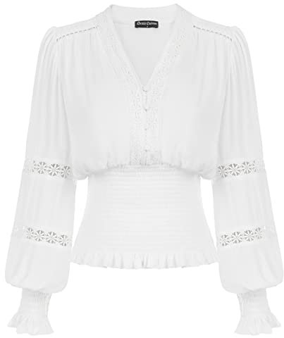 SCARLET DARKNESS Womens Elegant Renaissance Vintage Blouse Lantern Sleeve V Neck Victorian Smocked Shirt White M