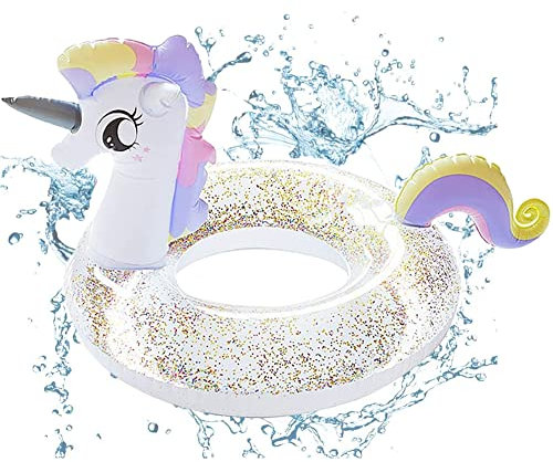 Aufblasbare Einhorn Pool, Aufblasbare Einhorn Luftmatratze mit Glitzer Schwimmen Ring Schwimmreifen Sommerliches Aufblasbar Schwimmring für Mädchen Pool Schwimmring Party für Kinder (Weiß)