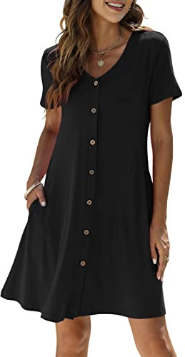 Yageshark Sommerkleid Damen Kurzarm V-Ausschnitt Einfarbig Knopfleiste Sommerkleider Freizeitkleid Knielang A-Linien Midi Kleid mit Taschen(Schwarz,Large)
