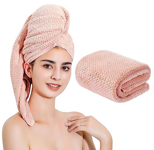 Laojbaba Serviette à cheveux en microfibre à séchage rapide, adaptée à tous les types de cheveux, ultra absorbante, cheveux longs et épais, 61 x 122 cm, racine de lotus rose (1 pièce)