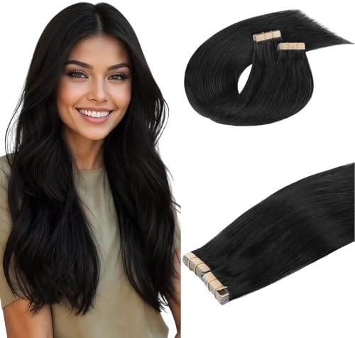 DOORES Tape in Hair Extensions Real Human Hair, 100g 40pcs 24 Inch, Jet Black