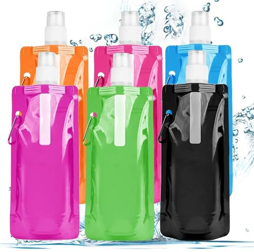 Sunshine smile 6 Stück Faltbare Trinkflasche,Wiederverwendbare Wasserflasche,500ML Faltbare Trinkflasche Set,Tragbarer Zusammenklappbare Wassersack,Faltbare Flexible Wasserflasche für Unisex Adult