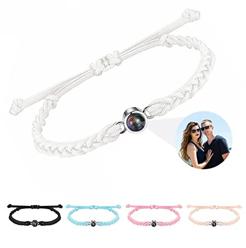uyu Personalisierte Kreis Foto Projektion Armband, Custom Schmuck Geburtstag Liebhaber Familie Andenken,Foto projektion Halskette (Roségoldfarbene Perlen)