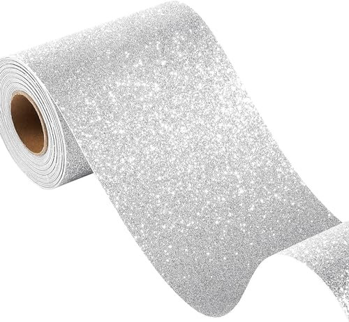 FunStick 10CM×6M Papier Cartonné Pailleté Argenté Papier Cartonné Couleur Argenté Papier Rouleau Adhésif pour Meuble Vinyle Papier Cadeau Emballage Mariage Naissance Album DIY Papier Peint Argenté