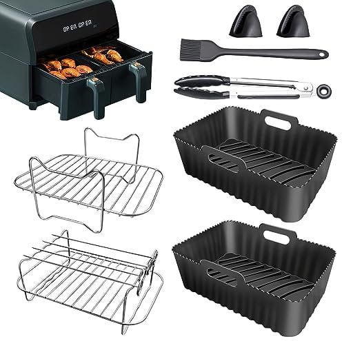 Air Fryer Accessories Set of 8 PCS with Reusable Silicone Air Fryer Liner, Dual Air Fryer Rack, Oil Brush, Skewer, Food Clip, Silicone Glove, Kitchen Tong for Ninja Dual AF300UK AF400UK - Black