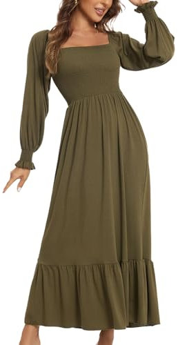 Laterne Langarm Elegantes Armeegrün Kleid Damen Festlich Lang Maxikleid Damen A-Linie Geraffter Saum Cocktailkleid Abschlussballkleider Off-Shoulder Jerseykleid mit Plissee-Details(Armeegrün,M)