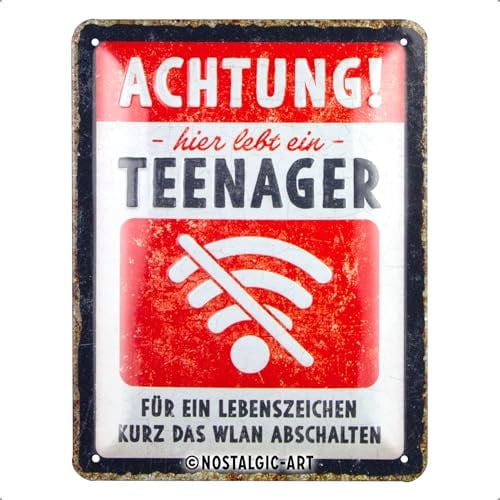 Nostalgic-Art Retro Blechschild, 15 x 20 cm, Achtung Teenager WLAN – Warnschild als Geschenk-Idee, aus Metall, Vintage Design mit Spruch, Blechschilder Sprüche
